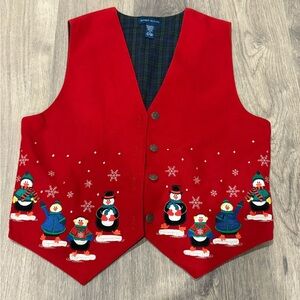 Christmas Vest Womens Med Red Button Snowman Embroidered Holiday